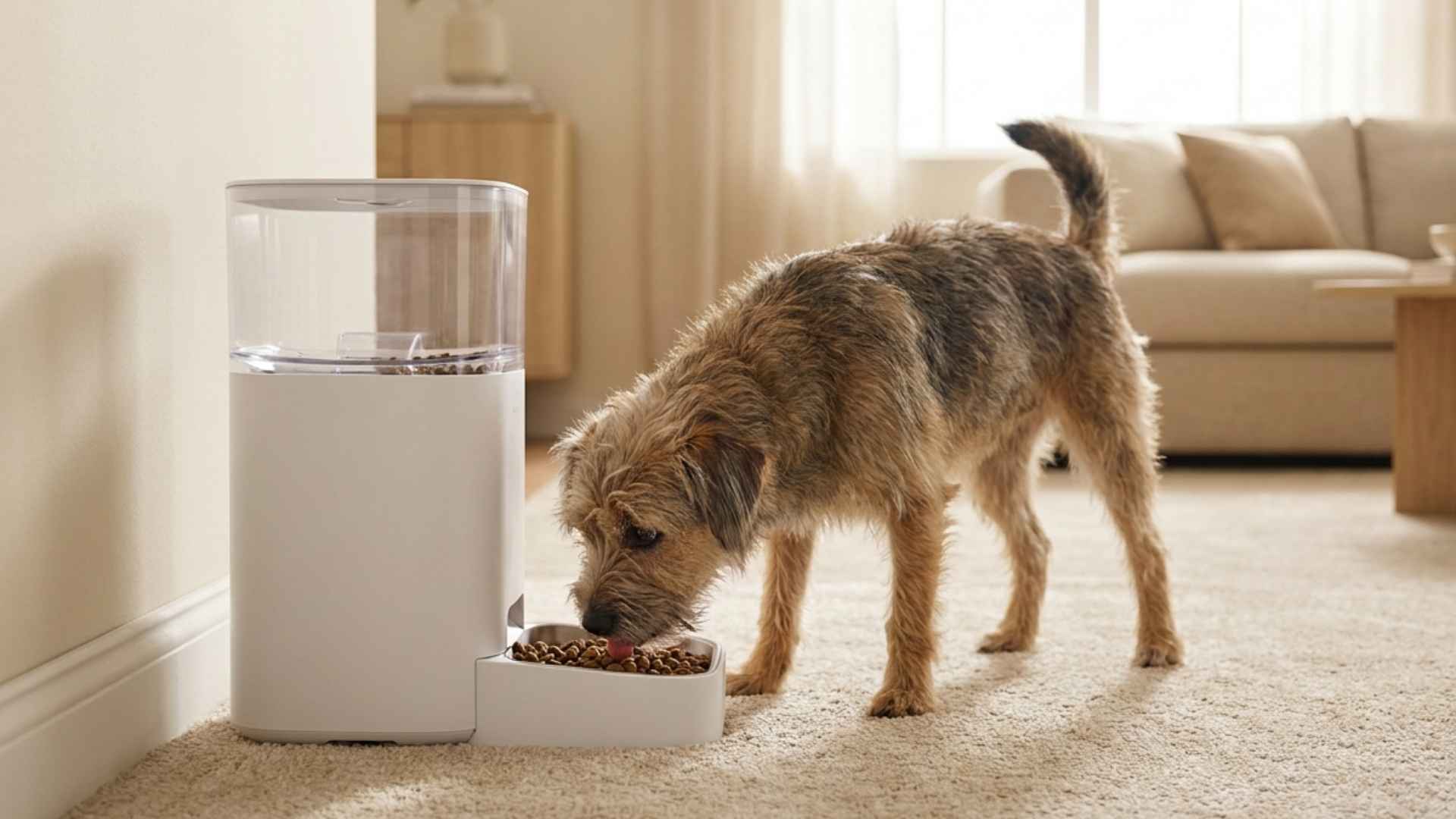 Perro comiendo de un comedero automatico